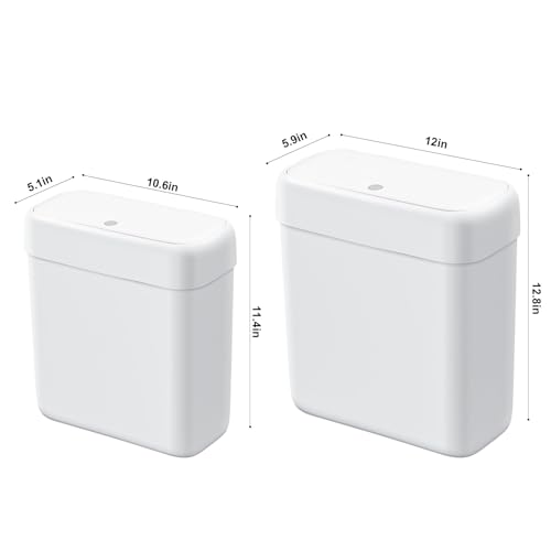 Funest 2 Pack Slim Bathroom Trash Cans with Lid - 3 Gal & 2.7 Gal Waste Bins for Small Spaces, RV, Office, White