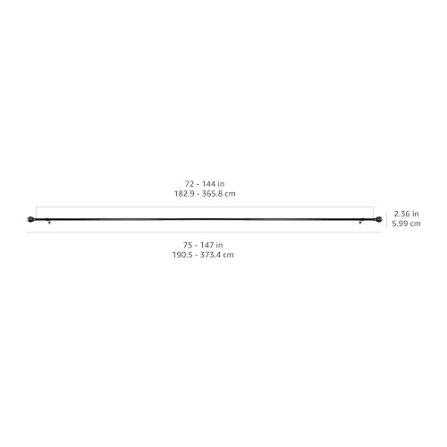 Adjustable 1-Inch Curtain Rod with Round Finials, 72-144 Inches, Black, 1-Pack