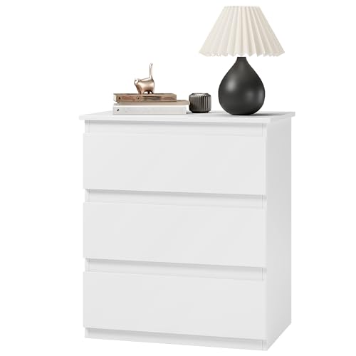 White Nightstand with 3 Drawers - Small Bedroom Side Table Storage