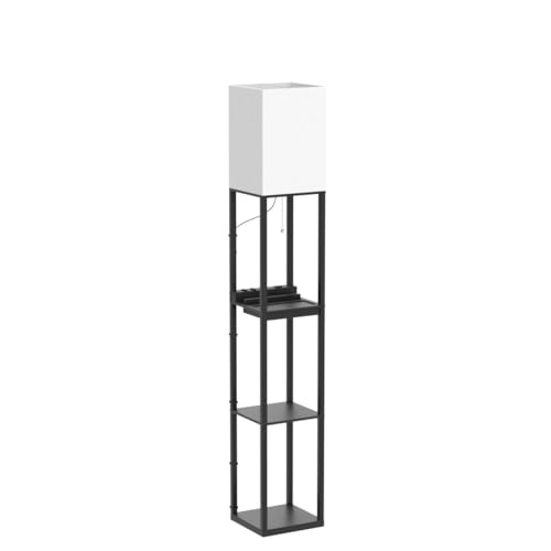 SUNMORY Black Floor Lamp with Shelves and Drawer, Solid Wood with USB & Power Outlets