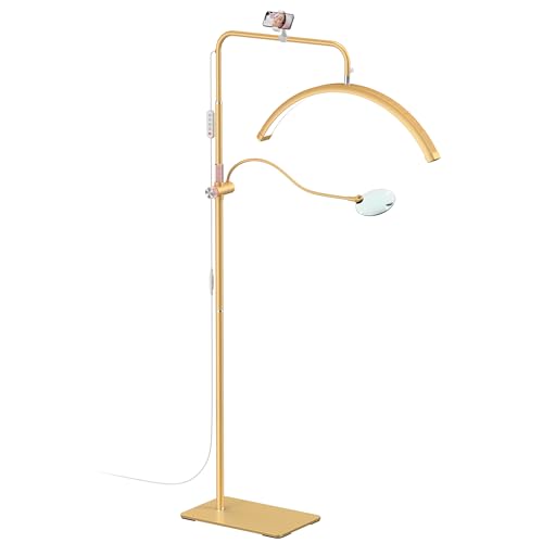 AURELLE Half Moon Lash Light - Adjustable LED Floor Lamp with 4X Magnifier & Phone Holder - Gold