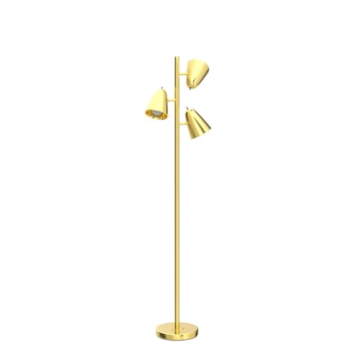 QiMH Brushed Gold Tree Floor Lamp with 3 Adjustable Arms & LED Bulbs, Modern Standing Tall Pole Light for Living Room & Bedroom