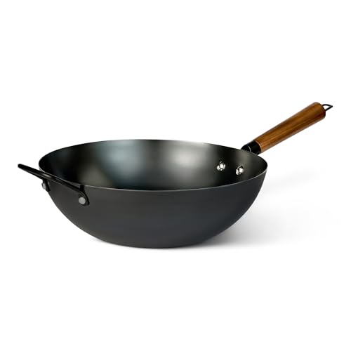 12.6-Inch Carbon Steel Wok with Cool-Touch Wooden Handle, Pre-Seasoned for All Cooktops