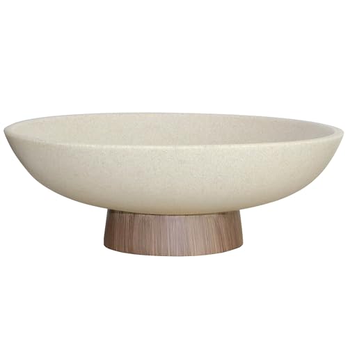 Resin Pedestal Fruit Bowl with Wood-Look Base - Large Modern Kitchen & Dining Centerpiece - Brown
