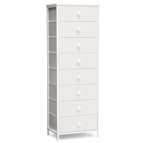 White Fabric Dresser with 8 Drawers - Tall Narrow Vertical Storage Tower