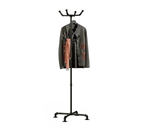 Black Industrial Coat Rack with 6 Hooks - Freestanding Metal Pipe Stand