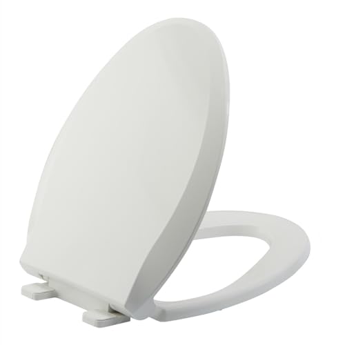 Elongated Toilet Seat Slow Close White 18.5 Inch No Baby Seat - Durable & Easy to Install