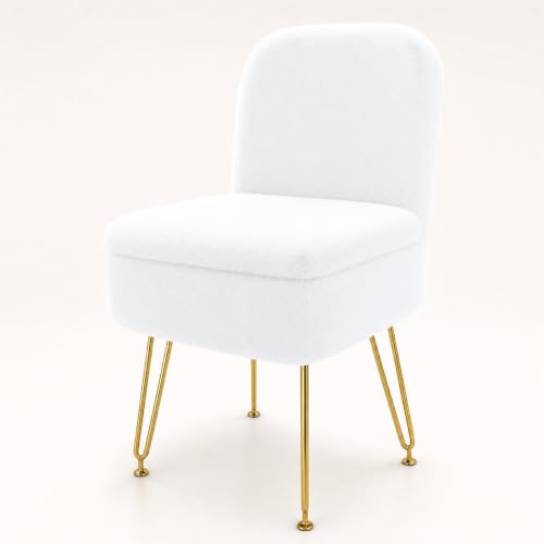 HOZYZO White Faux Fur Vanity Chair with Folding Back, Adult Size Makeup Ottoman