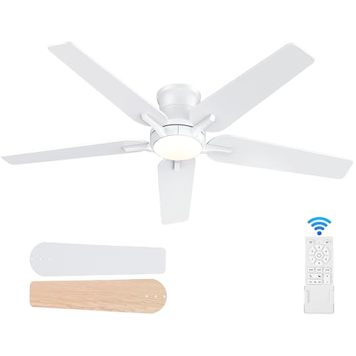 White 52-Inch Ceiling Fan with Lights and Remote - Flush Mount, Dimmable, Reversible, Quiet for Bedroom & Living Room