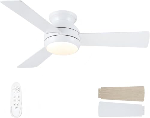 Putroad 42 Inch White Flush Mount Ceiling Fan with Light & Remote - Low Profile, Dimmable, Reversible DC Motor, 6-Speed