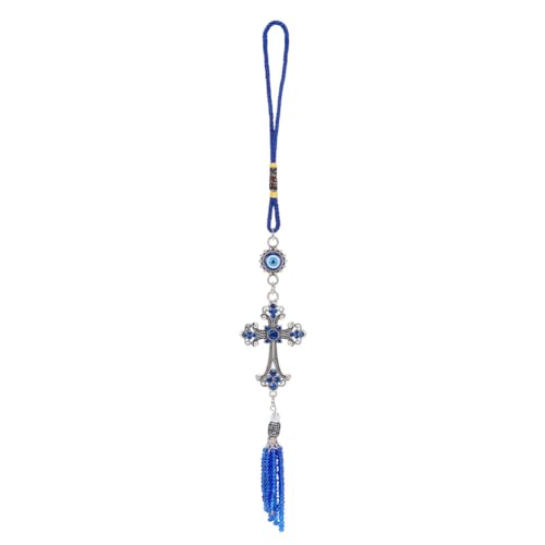 WEBEEDY Evil Eye Car Hanging Ornament Cross Pendant Turkish Blue Evil Eye Car Charms Protective Wall Decor for Cars Rear View Mirror Window Door Christmas Back to School Decor Gift,Length 10.6inch