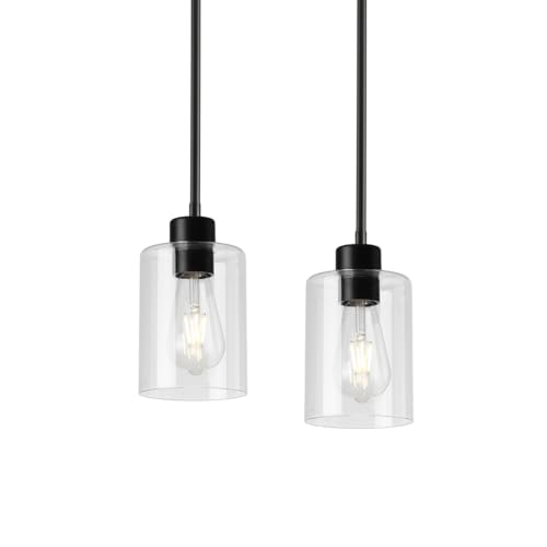 Black Pendant Lights Kitchen Island 2 Pack Modern Glass Fixture with Stem Rod - Black