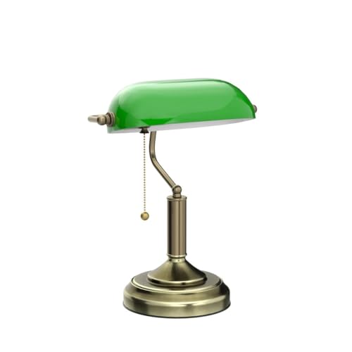Green Glass Bankers Desk Lamp with Pull Chain - Retro E26 Table Light