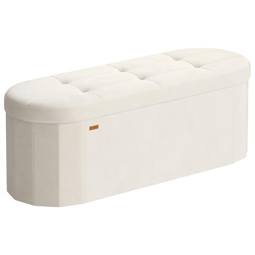 SONGMICS Oval Velvet Storage Ottoman Bench Cappuccino White 15"D x 43"W x 15"H