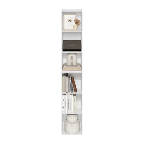 White 6-Tier Tall Modern Bookshelf - Slim Vertical Bookcase, 12.1-Inch Wide