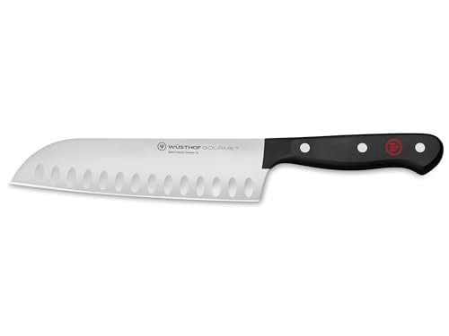 Wüsthof Gourmet 7-Inch Hollow Edge Santoku Knife — Black Handle, Japanese Style