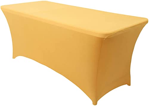 Obstal Stretch Spandex Table Cover for Standard Folding Tables - Universal Rectangular Fitted Tablecloth Protector for Wedding, Banquet and Party (Gold, 4 Ft)