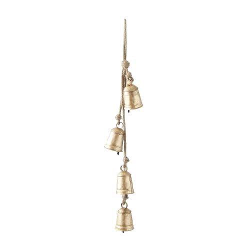 Gold Deco 79 Tibetan Cow Bells Hanging Decor with 4 Bells & Jute Rope - 3" x 3" x 27.10"