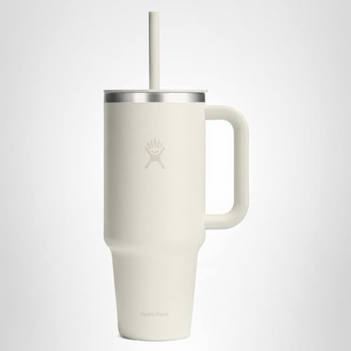 Hydro Flask Travel Tumbler with Handle, Lid and Straw - Insulated Stainless Steel in 40 Oz Ivory