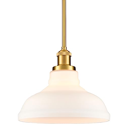 HOLKIRT Modern Gold Pendant Light with Brass/Opal Glass Dome, Adjustable Height