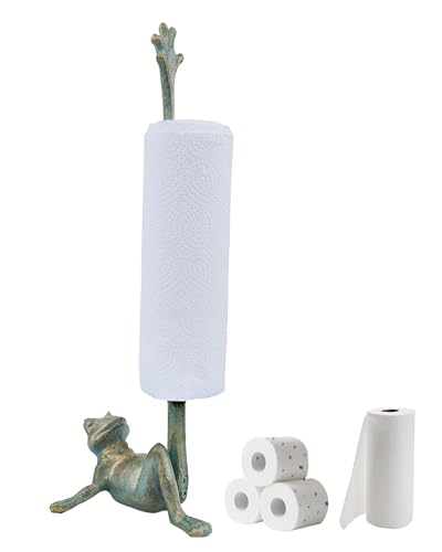 Golden Green Frog Paper Towel Holder - Whimsical Cast Iron Stand for Kitchen & Bathroom