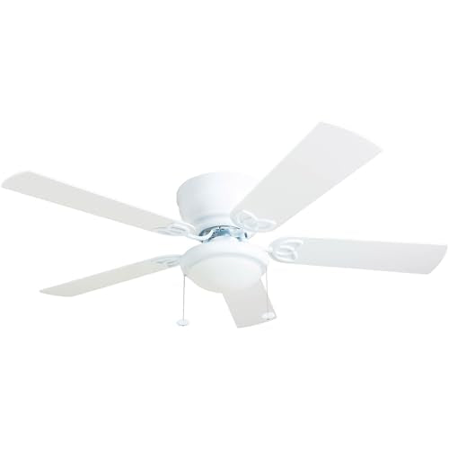 Indoor Ceiling Fan with Light - 52 Inch White & Gray Oak Blades, Flush Mount, Quiet 3-Speed