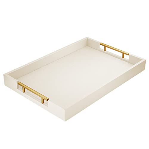Beige Leather Serving Tray with Gold Handles - 17x12 Inches, Variation: Beige, 1.8 Inch Thick