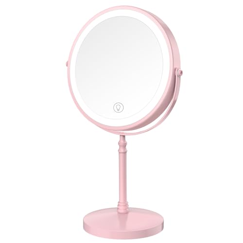 Pink Rechargeable LED Makeup Mirror with 3 Lights, 10X Magnification
