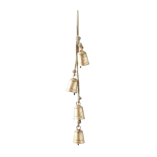 Gold Deco 79 Tibetan Cow Bells Hanging Decor with 4 Bells & Jute Rope - 3" x 3" x 27.10"