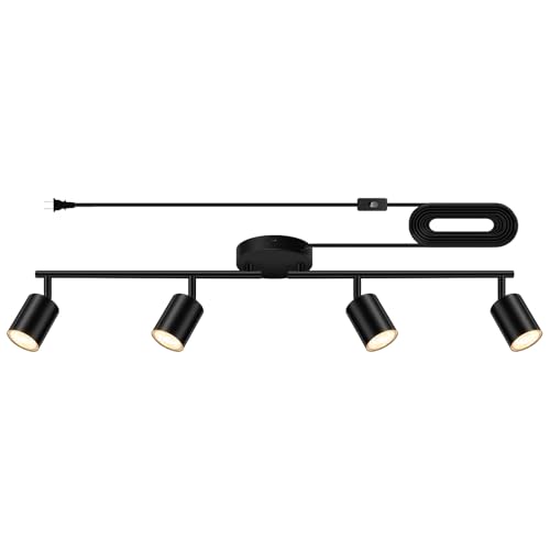 Plug in 4-Light Track Lighting Kit Black - Rotatable Ceiling Spotlight for Kitchen & Bedroom