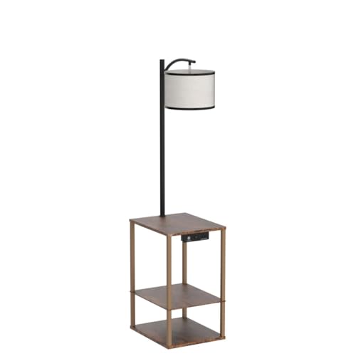 SUNMORY Rustic Brown Floor Lamp with Shelves & Charging Station - End Side Table for Living Room