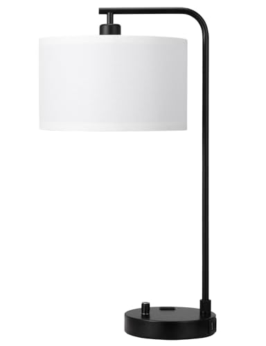 Innqoo 20.7-inch Modern Dimmable Nightstand Table Lamp with USB & Outlet, Black & White Shade