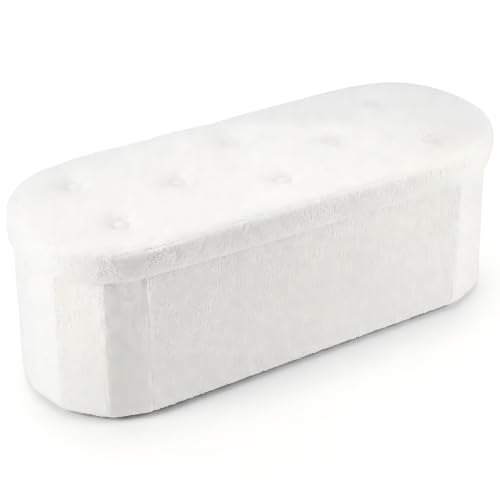 Oval Storage Ottoman Bench - White Teddy Fabric, 43 Inch Variation