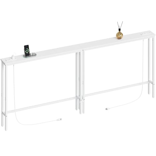 ELYKEN White Narrow Console Table with Outlets - 78.8" Sofa Behind Couch, 29.5"H