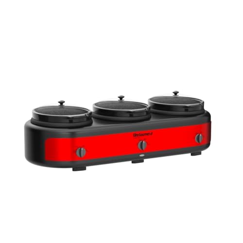 Elite Gourmet Triple Slow Cooker Buffet Server - 3 x 2.5 Qt, Red - Multi-Use Kitchen Appliance