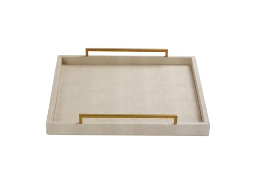 24x24 Inch Oversized Ivory Shagreen Leather Ottoman Tray with Gold Handles – Large Decorative Serving & Coffee Table Tray (Variation: Ivory-Gold Handle)
