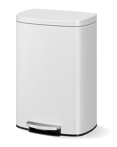 Garvee 13.2 Gal White Metal Kitchen Trash Can with Lid & Inner Bucket - Rustproof, Step-On, Soft Close