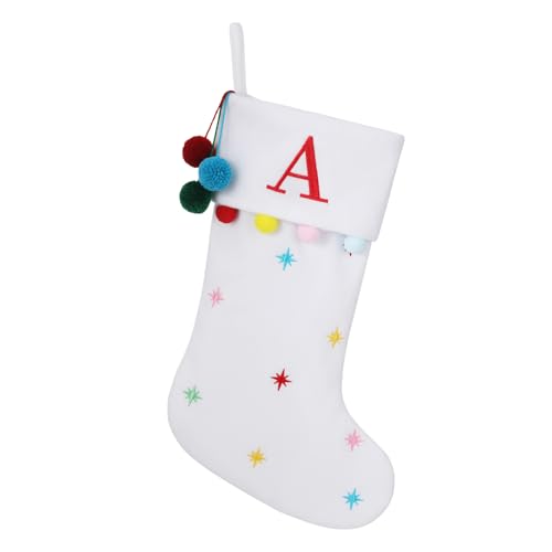 19.5 Inches Initial Monogram White Christmas Stocking Personalized, Embroidered Letter Fleece Christmas Stocking with pom poms Decoration for Family Christmas Holiday Party Decor-A