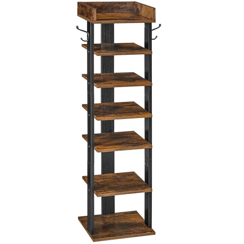 HOOBRO Rustic Brown 7-Tier Vertical Shoe Rack with Hooks, Space-Saving Entryway Organizer 11"L x 11"W x 41.3"H