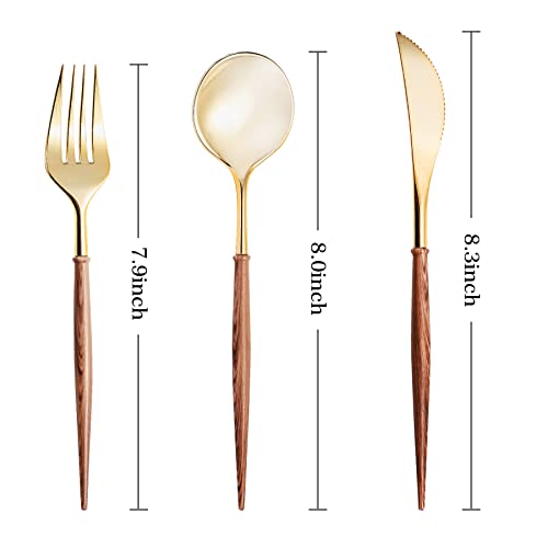 Lullaby Gold Plastic Silverware Set with Wood Grain Handles - 120PCS, Variation: Gold-120pcs