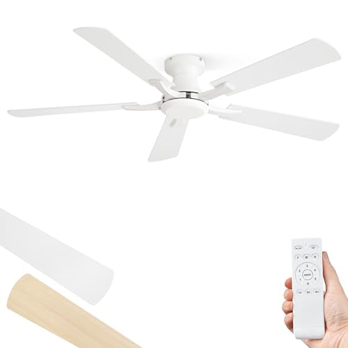 ZMISHIBO 52 Inch Ceiling Fan No Light, Flush Mount Low Profile, White