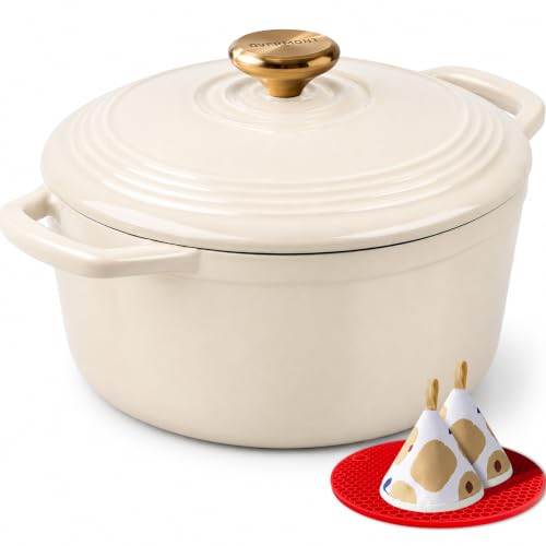 Overmont 5.5QT White Enameled Cast Iron Dutch Oven with Lid & Potholders