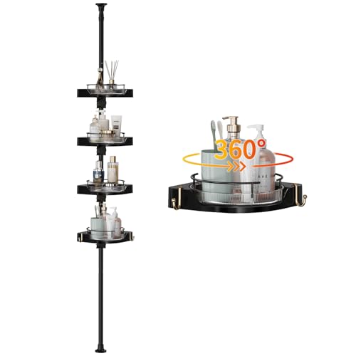 4-Tier Rotating Shower Caddy - Black, Adjustable Rustproof Tension Pole Bathroom Organizer