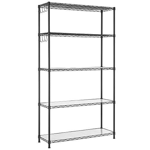 SONGMICS 5-Tier Adjustable Wire Shelving Unit with 8 Hooks, Ink Black