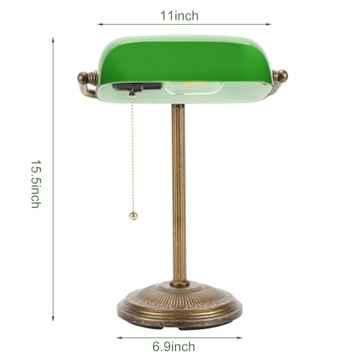 Small Retro Gold Green Glass Bankers Desk Lamp with Pull Chain Switch