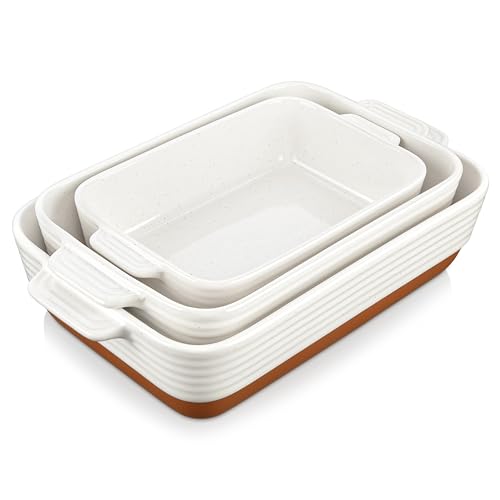 Ceramic Baking Dish Set of 3 - Rectangular Casserole Pans with Handles, Khaki White, Without Racks, Series TARA