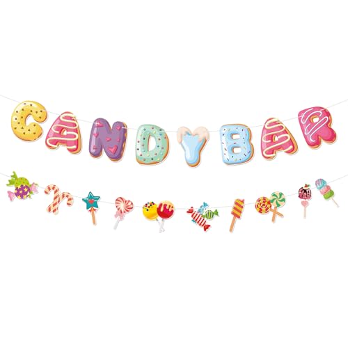 Candyland Party Decorations,2Pcs Pre-Strung Candy Bar Banner,Lollipop Garland Banner for Sweet Candy Themed Party,Birthday Wedding Christmas Party Decorations,Baby Shower
