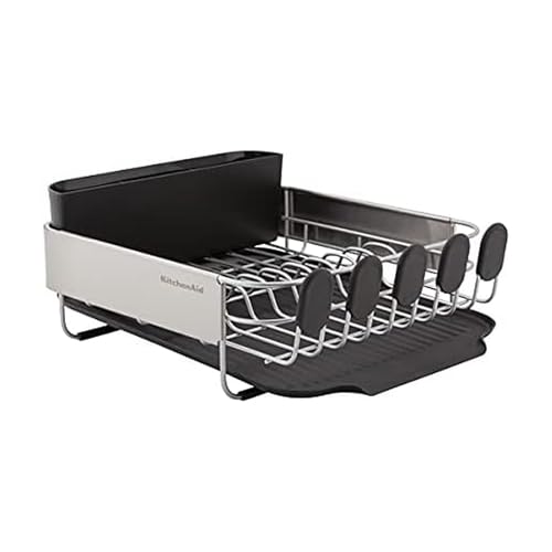 KitchenAid Compact Space Saving Black Dish Rack with Removable Flatware Caddy