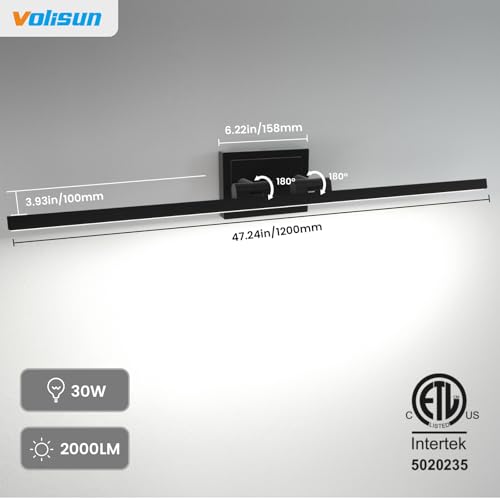 Black 48-Inch Dimmable Bathroom Vanity Light Fixture with Rotatable Heads