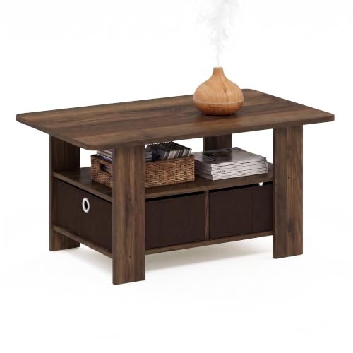 Furinno Andrey Coffee Table with Bin Drawer - Columbia Walnut/Dark Brown, 2 Bins